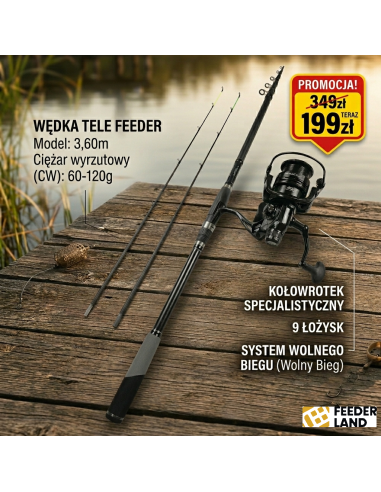 ZESTAW TELE FEEDER WĘDKA 3,60m  WĘGLOWA KOŁOWROTEK WOLNY BIEG 9ŁOŻ
