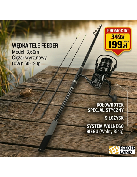 ZESTAW TELE FEEDER WĘDKA 3,60m  WĘGLOWA KOŁOWROTEK WOLNY BIEG 9ŁOŻ